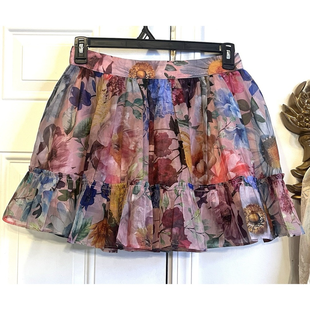 Francesca's Mi Ami Floral Sheer Lined Pink Mini Skirt Womens M Ruffle Tiered